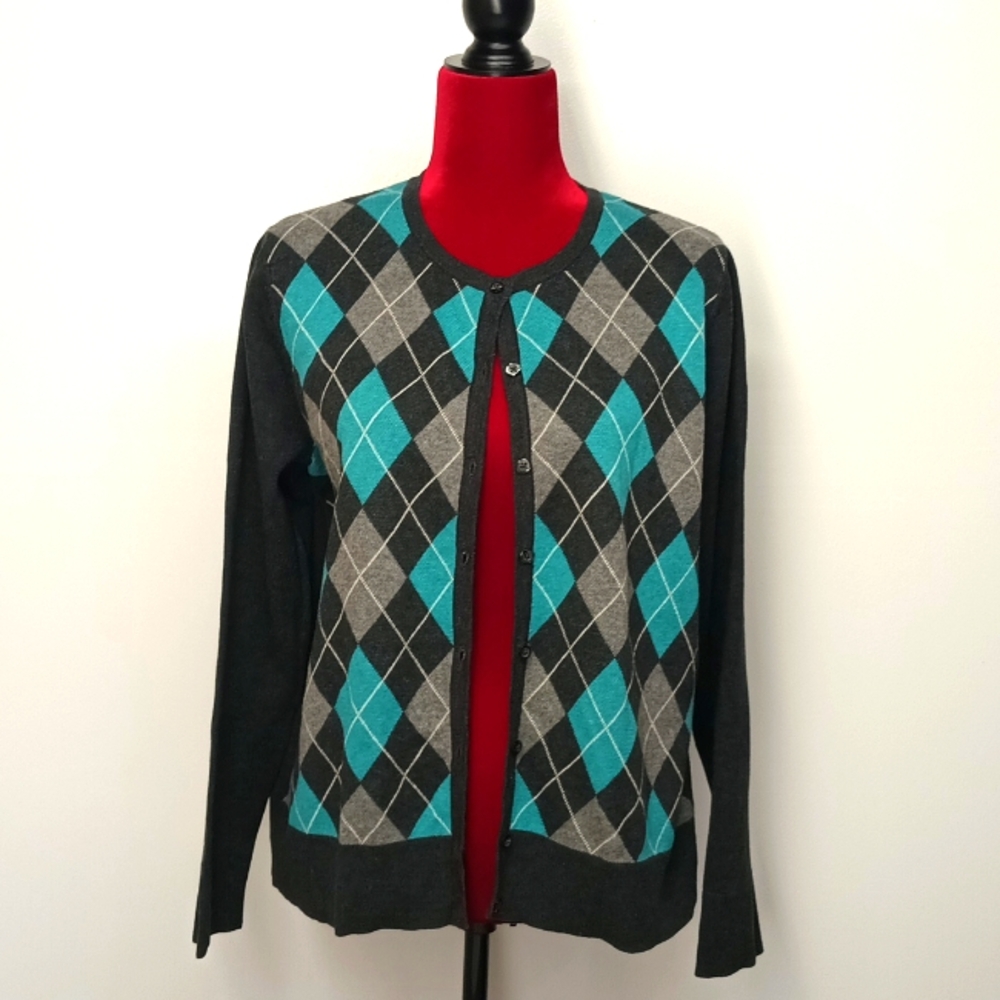 croft & barrow Teal Gray Black Argyle Button-Up Cardigan